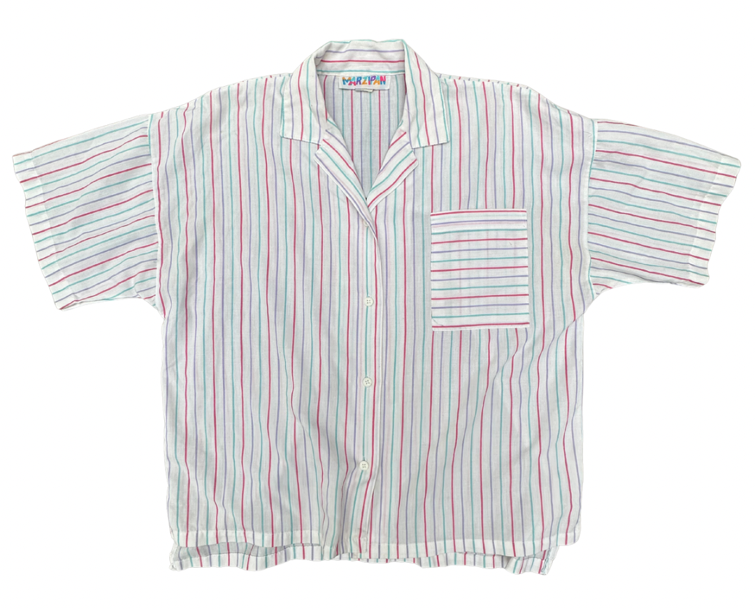 A white short-sleeve button-up shirt with vertical stripes in fuchsia, mint, and periwinkle, featuring a collar, button front, and a chest pocket.
