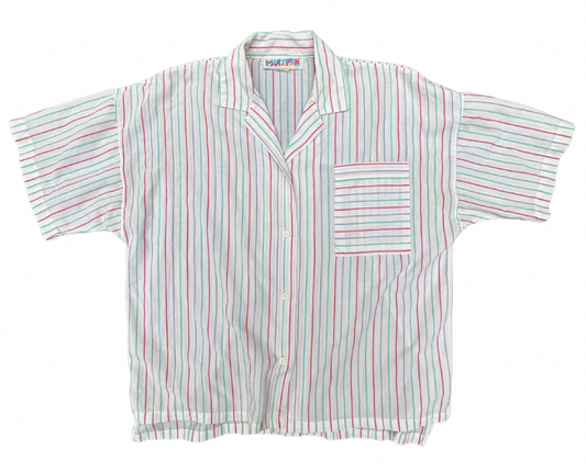 A white short-sleeve button-up shirt with vertical stripes in fuchsia, mint, and periwinkle, featuring a collar, button front, and a chest pocket.